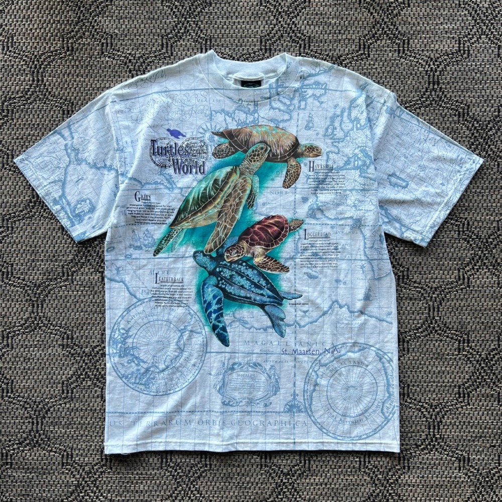 Vintage Habitat T-Shirt Mens XL‎ Blue Turtles of the World AOP Map Nature 90s